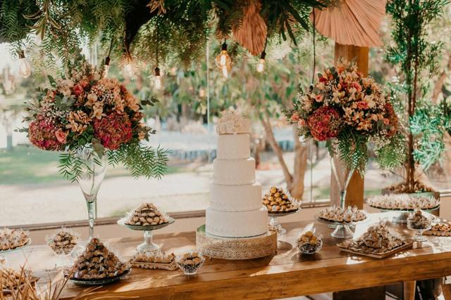 Luxury floral and cake styling at a garden celebration