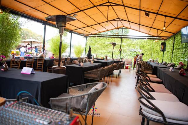 Production crew preparing an outdoor venue
