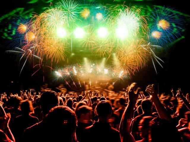 Concert crowd and stage pyrotechnics