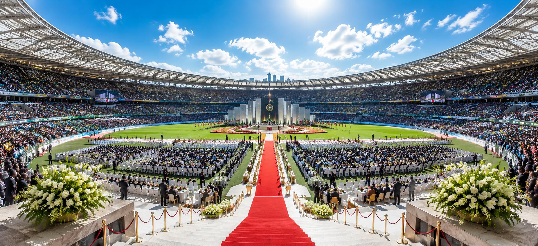 Stadium bowl dressed for a state ceremony with a red-carpet centrepiece